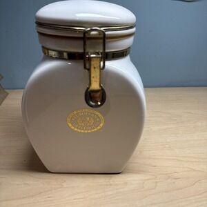 Vintage European Coffeehouse Collection White & Gold Ceramic Canister 8 3/8"
